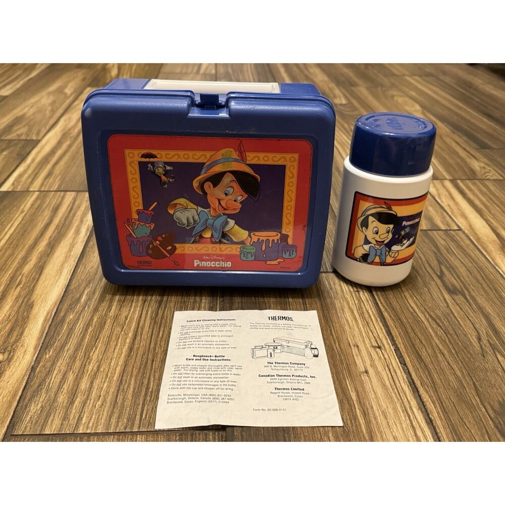 Vintage Disney Pinocchio Plastic Lunch Box W/ Thermos & Original Paper Inserts